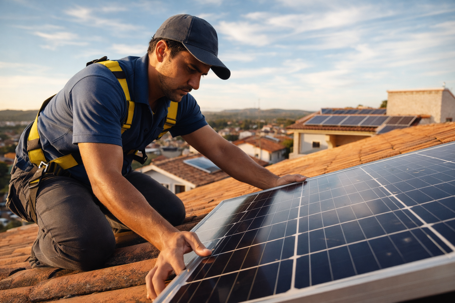Instalador solar trabalhando em telhado residencial brasileiro